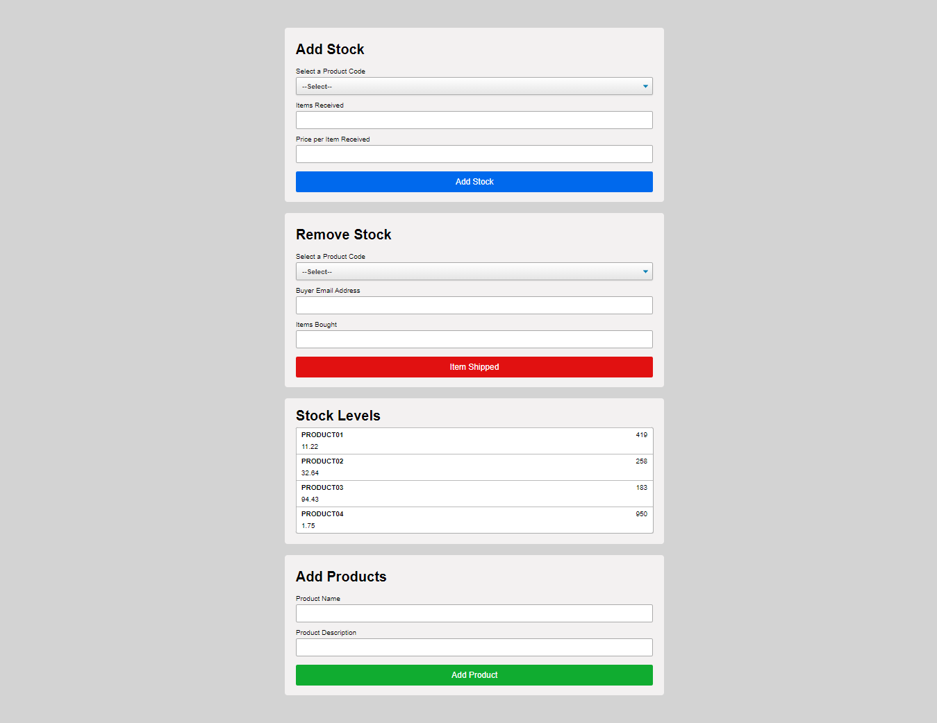 Screenshot of stock manager application project